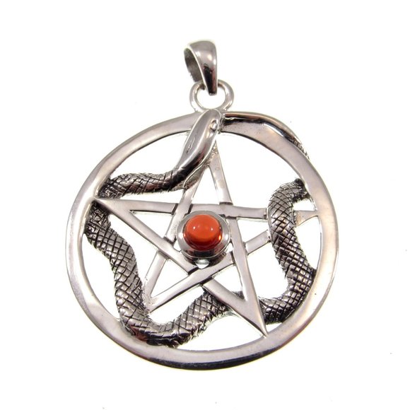 Solid 925 Sterling Silver Weaving Snake Pentacle Pentagram Pendant with Gemstone - Picture 7 of 8